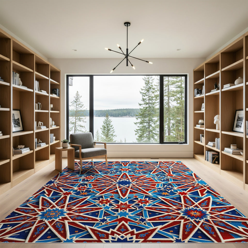 Intricate Crimson and Azure Geometric Star Rug