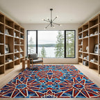 Intricate Crimson and Azure Geometric Star Rug