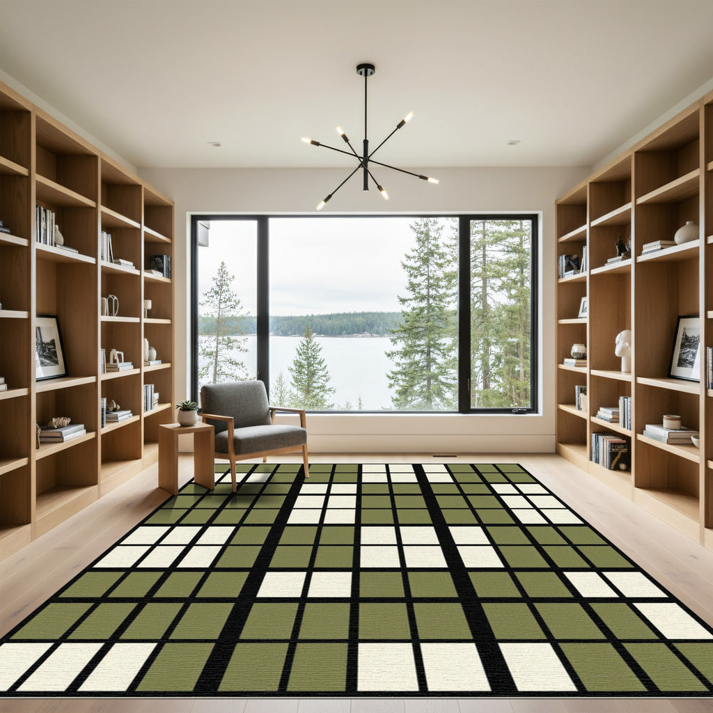 Sage Green Grid Block Geometric Rug