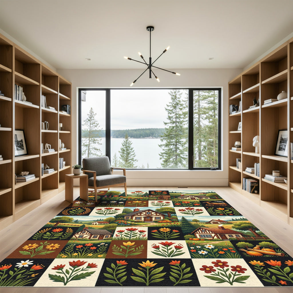 Rustic Cottage Farmhouse Floral Grid Rug