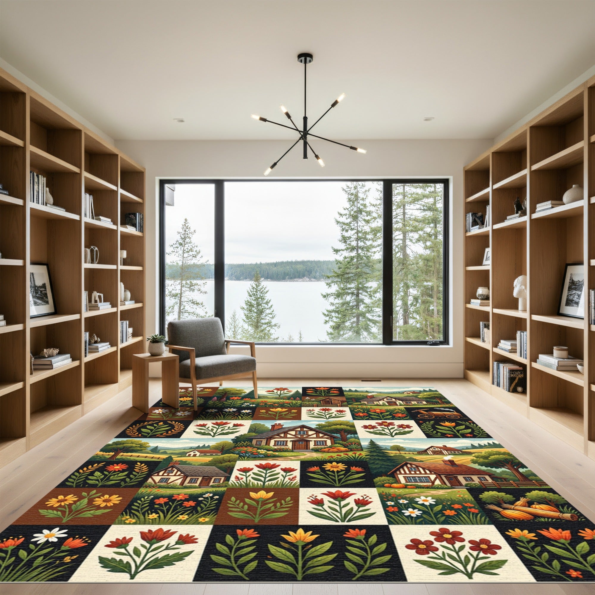 Rustic Cottage Farmhouse Floral Grid Rug