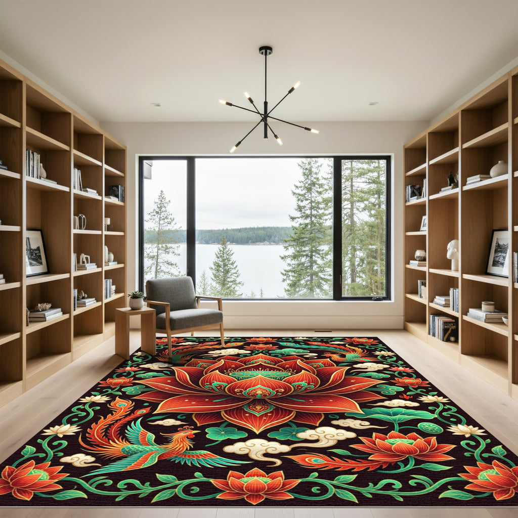 Vibrant Phoenix Lotus Red Floral Medallion Rug