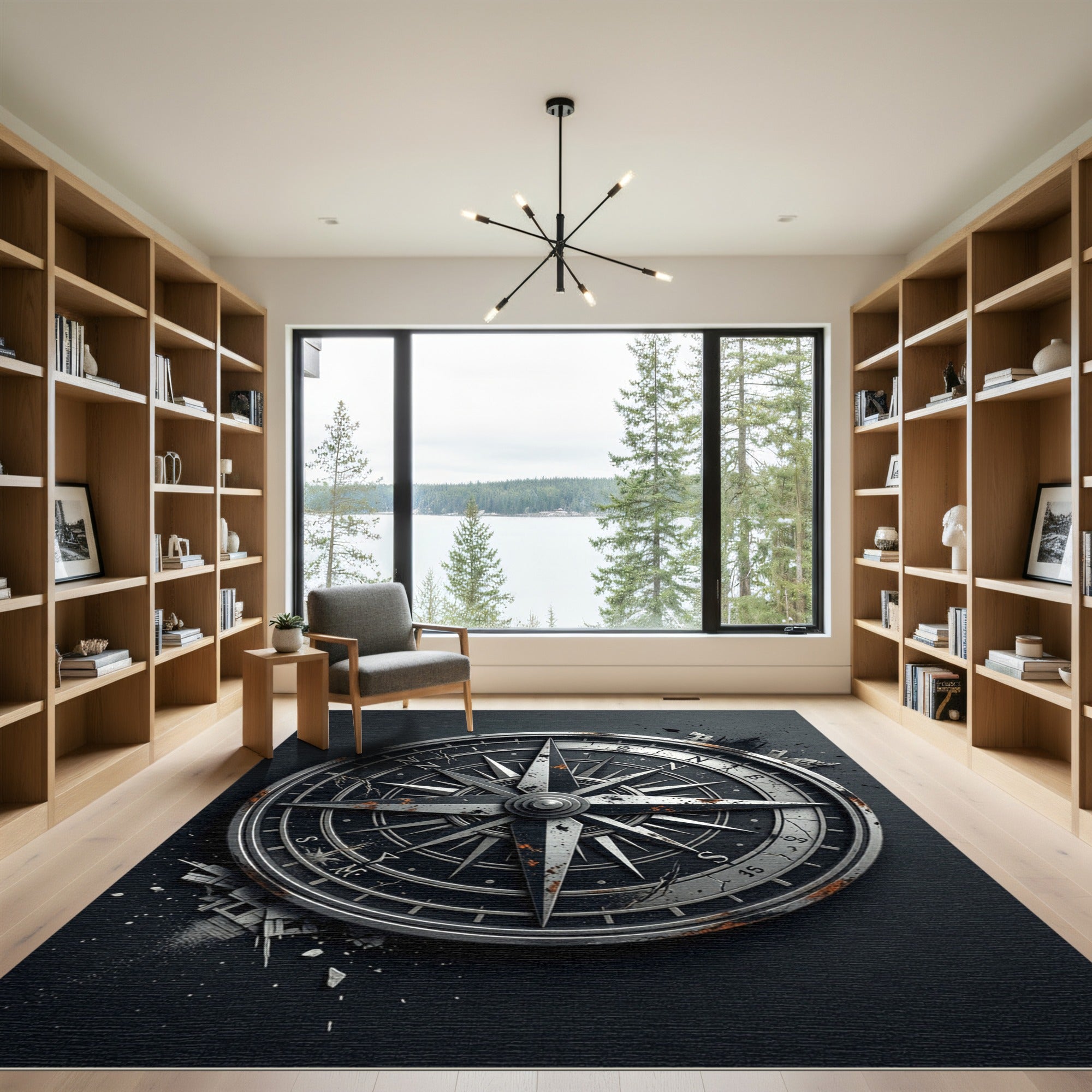 Metallic Compass Rose Industrial Charcoal Decor Rug