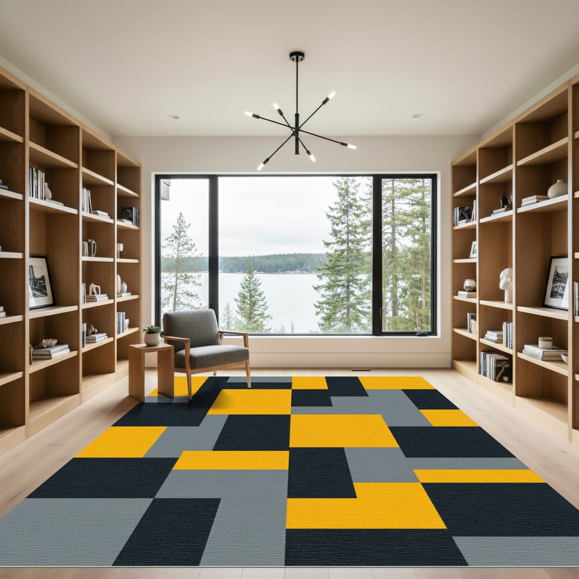 Modern Yellow Gray Black Blocks Rug