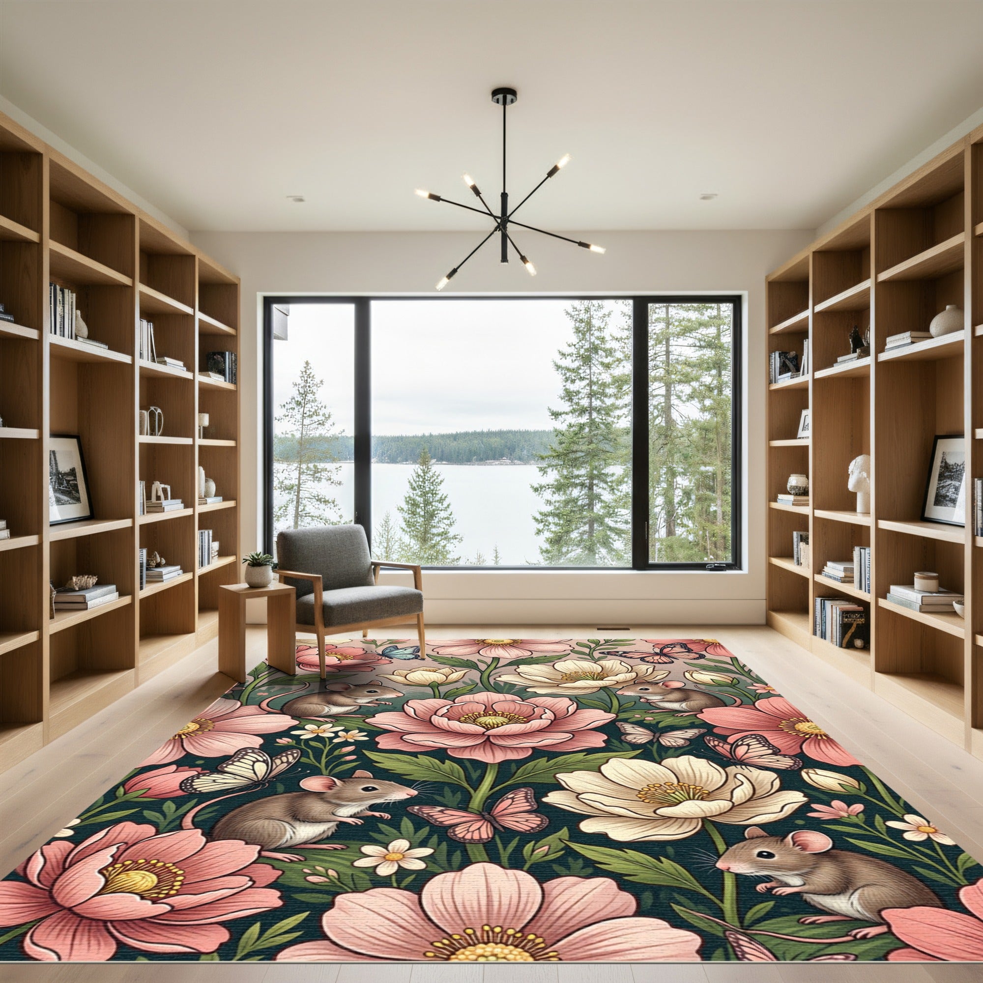 Whimsical Floral Mouse and Butterfly Field Rug