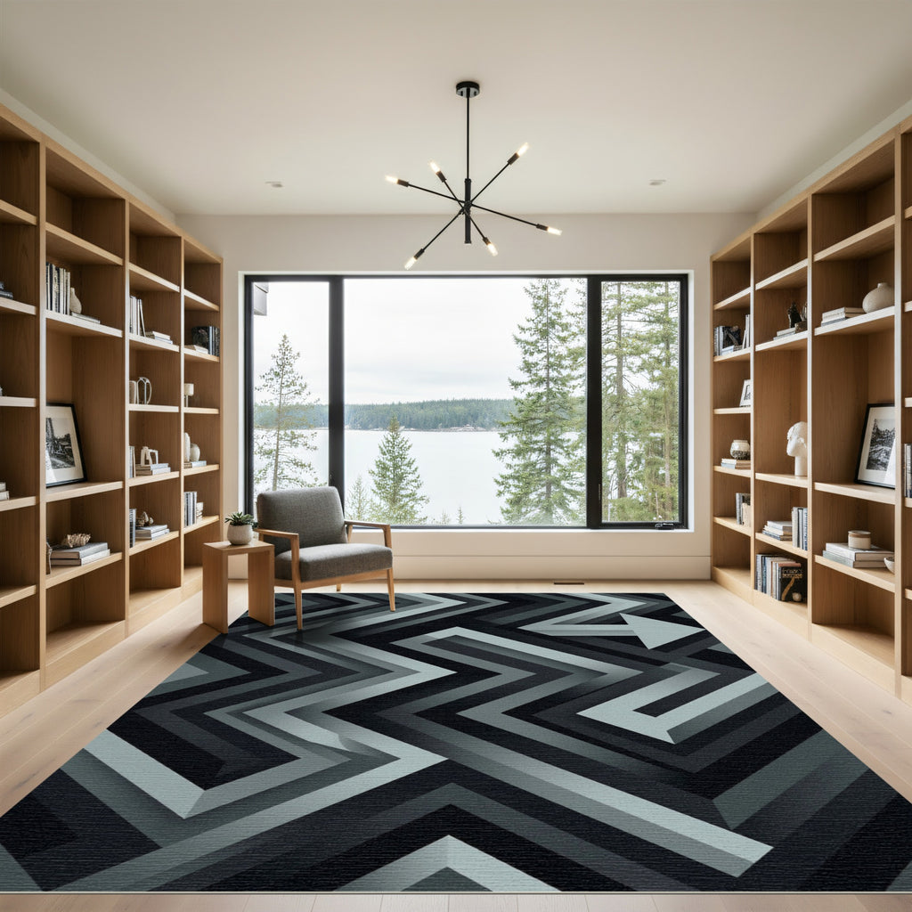 Modern Charcoal Abstract Geometric Chevron Rug