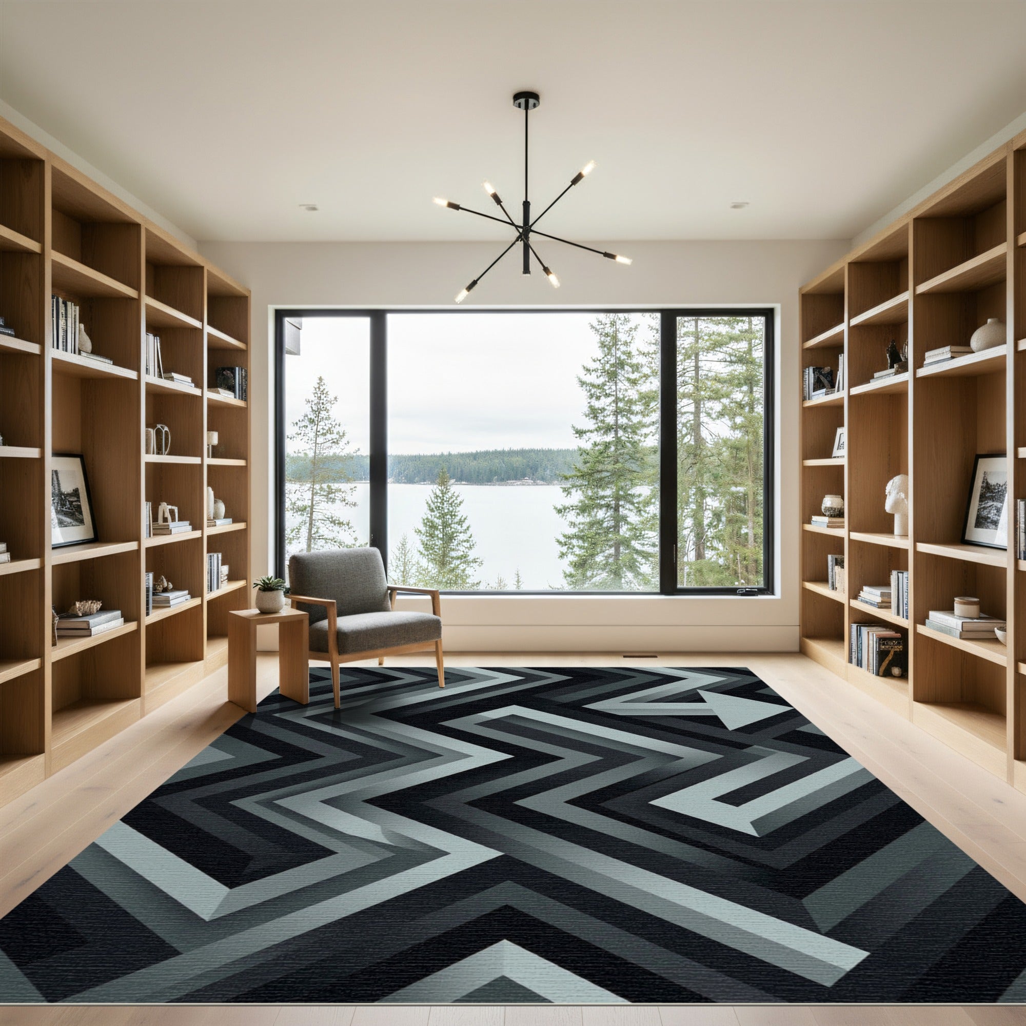 Modern Charcoal Abstract Geometric Chevron Rug