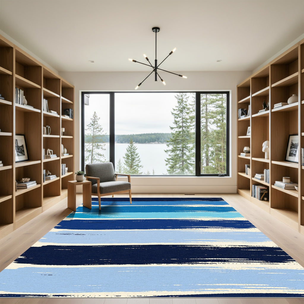 Coastal Blue Brushstroke Horizontal Stripe Rug