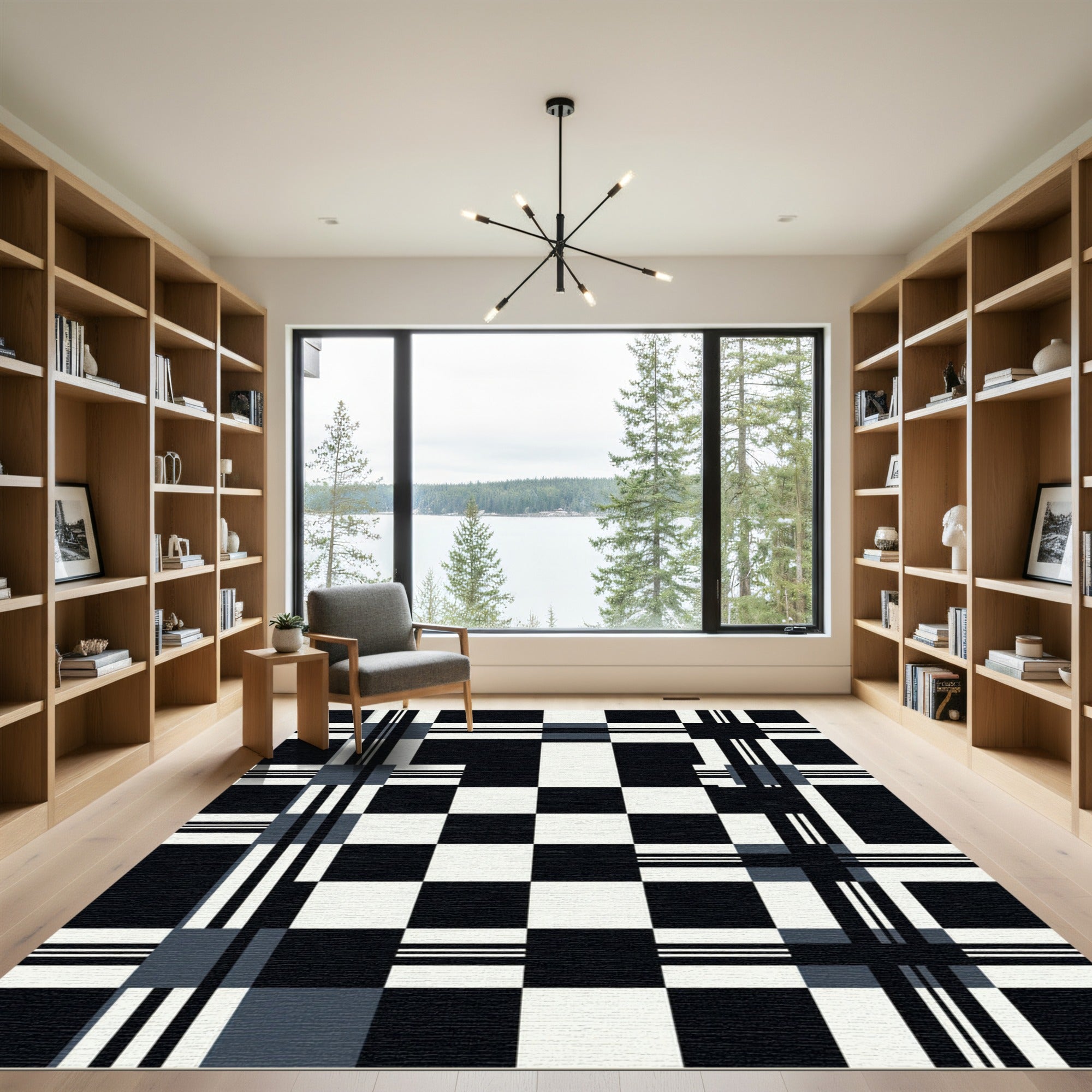 Black White Modern Grid Plaid Rug