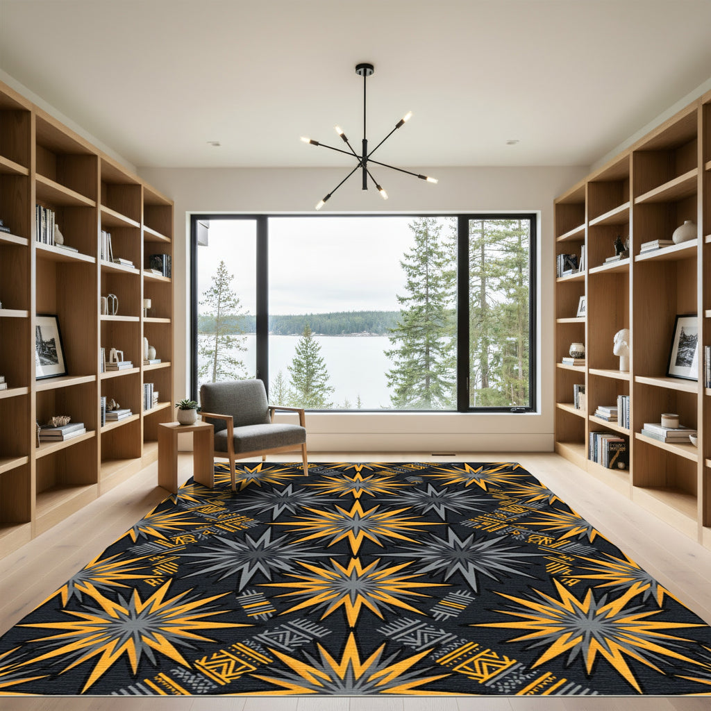 Golden Celestial Geometric Starry Gray Rug