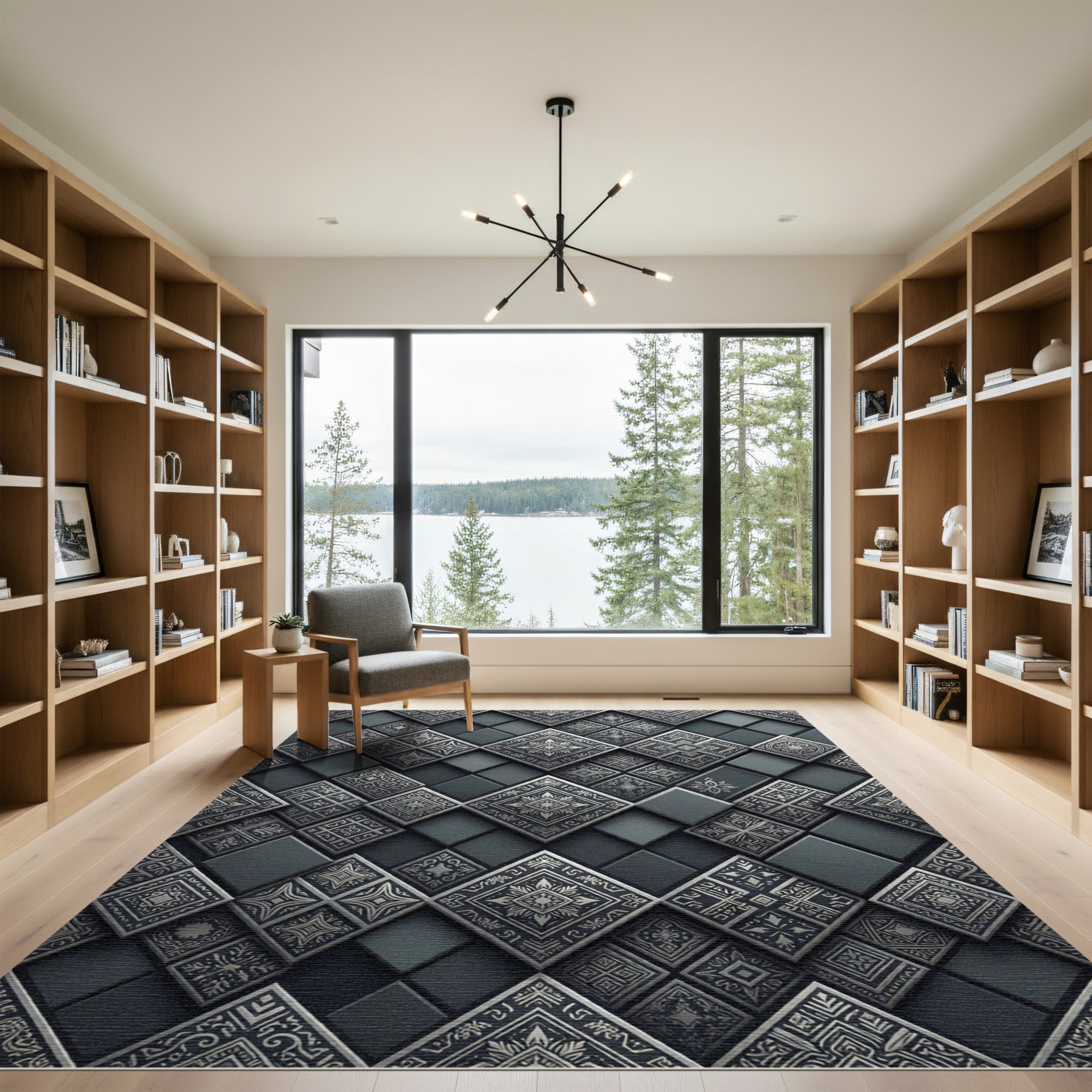 Charcoal Silver Embossed Tile Rug