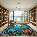 Vibrant Prehistoric Dinosaur Jungle Scene Rug