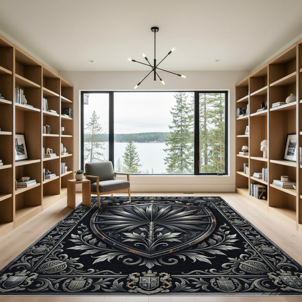 Ornate Silver Heraldic Crest Rug
