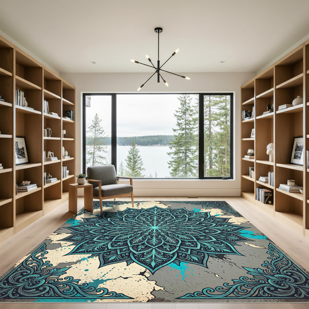 Ornate Teal Flourish Medallion Rug