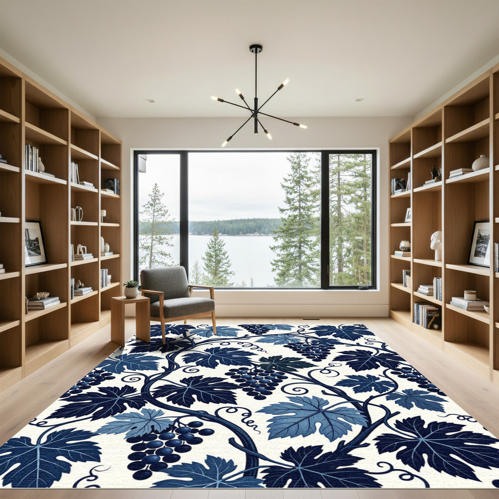 Deep Blue Grapevine Leaf Scroll Rug