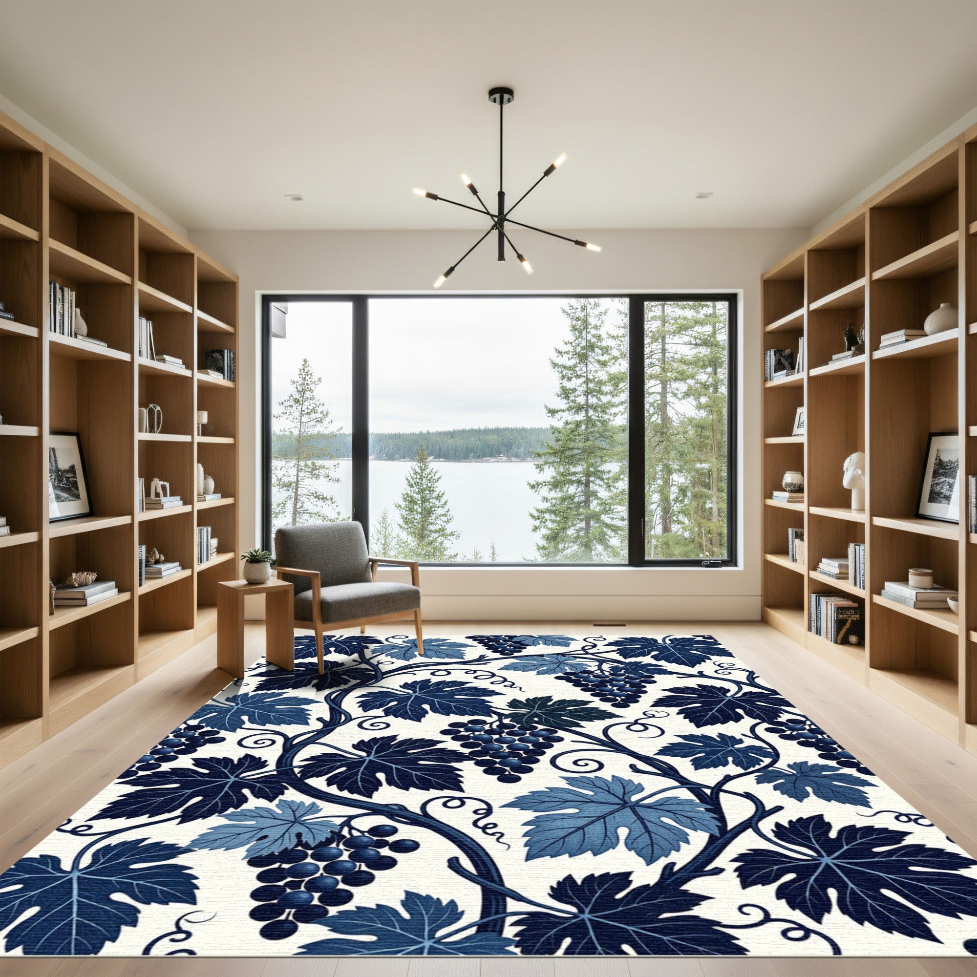 Deep Blue Grapevine Leaf Scroll Rug