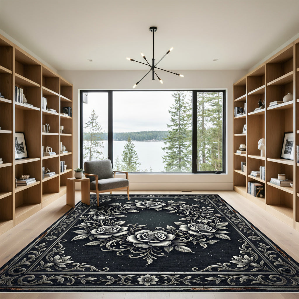 Monochrome Silver Rose Wreath Border Rug