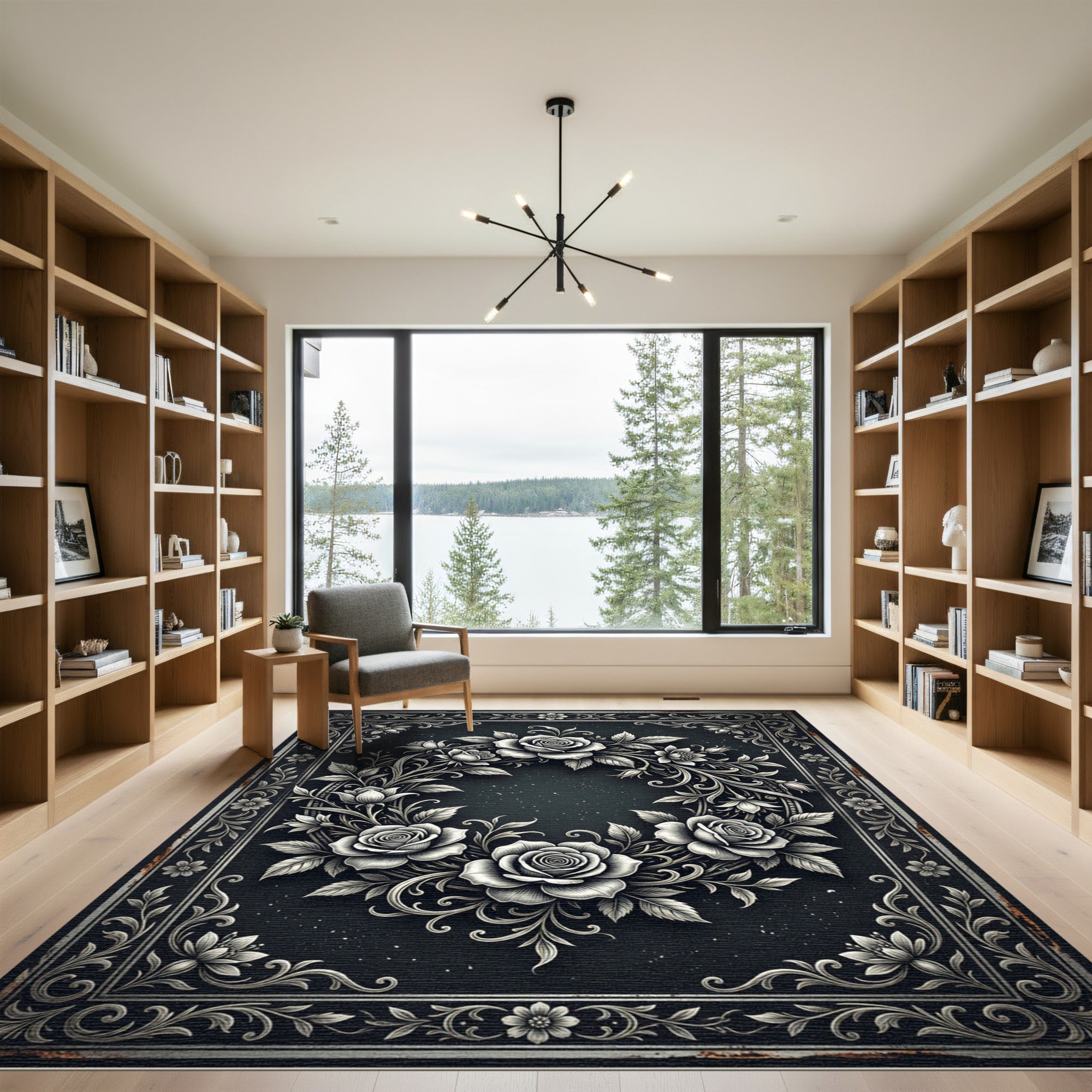 Monochrome Silver Rose Wreath Border Rug