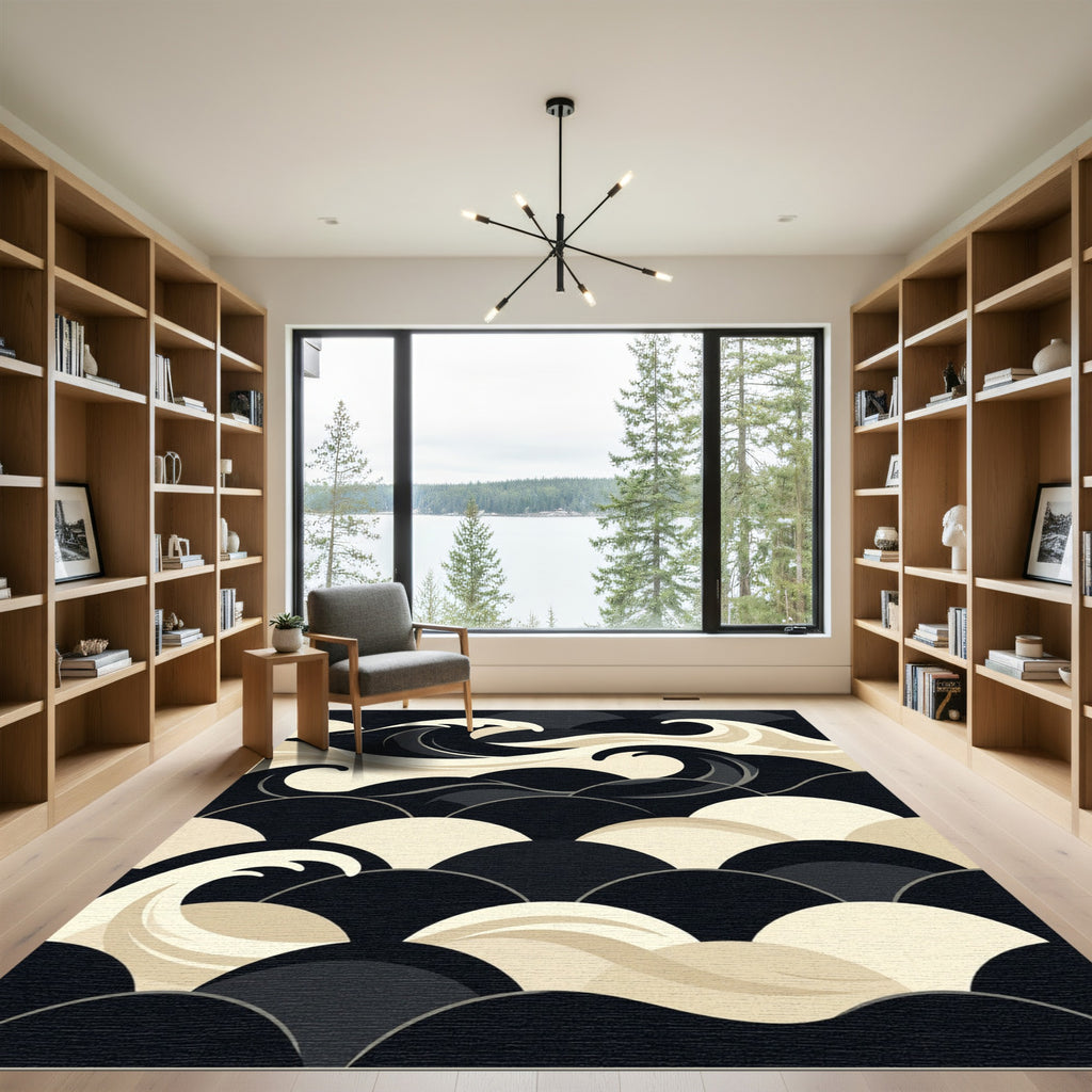 Minimalist Japanese Wave Monochrome Graphic Rug