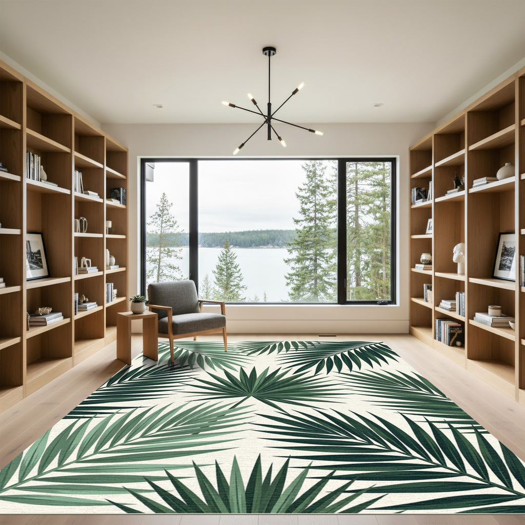 Lush Green Tropical Palm Leaves Rug
