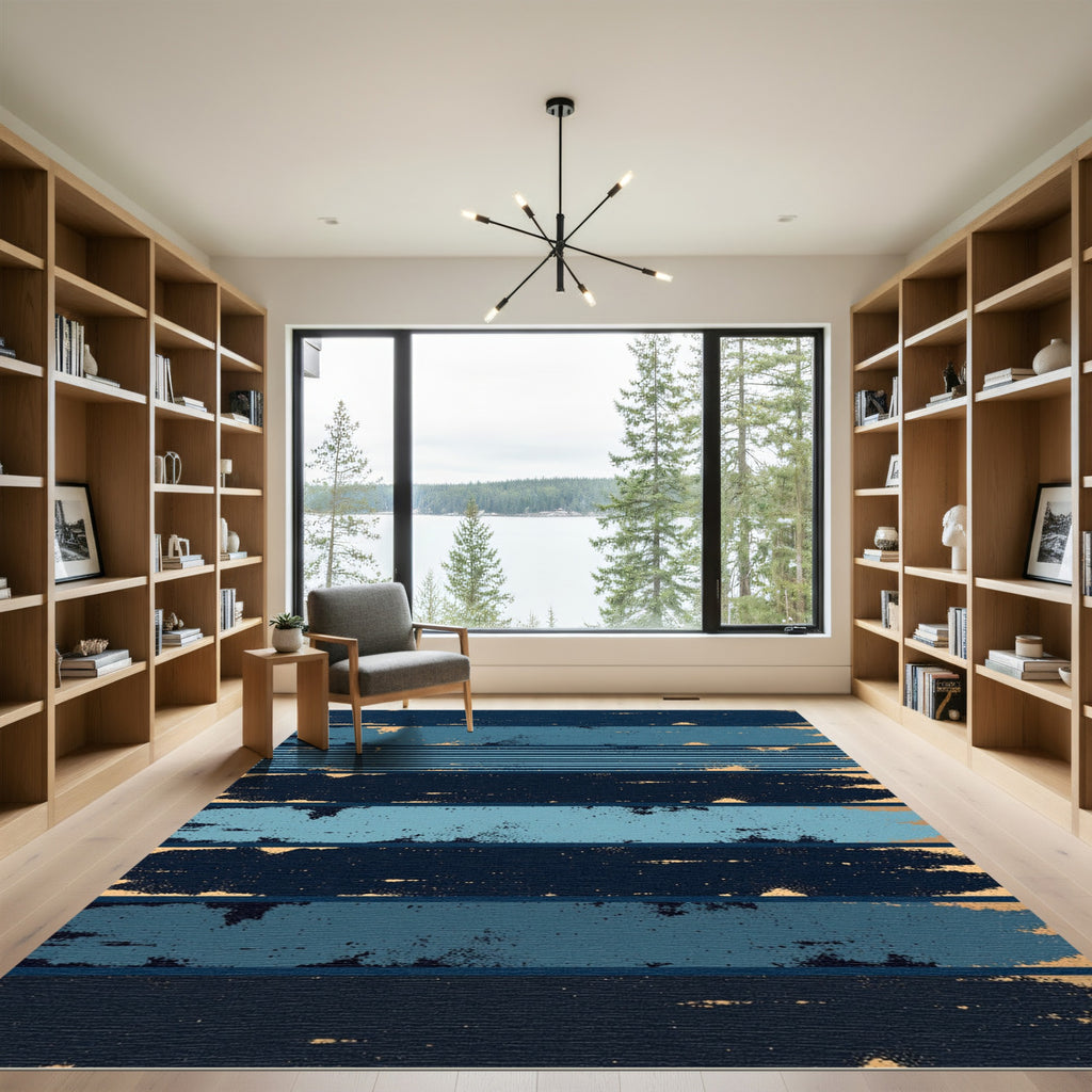 Midnight Blue Distressed Horizontal Stripe Rug