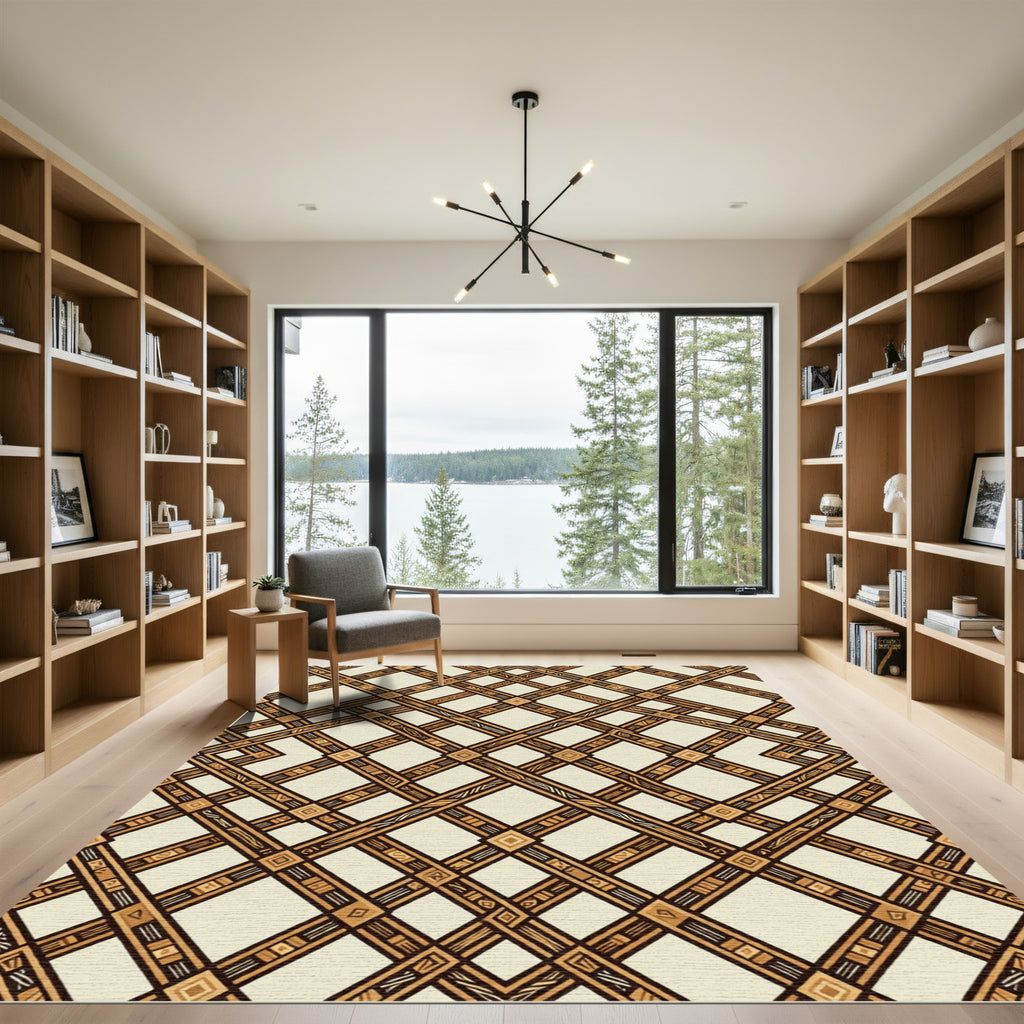Earthy Brown Geometric Trellis Grid Rug