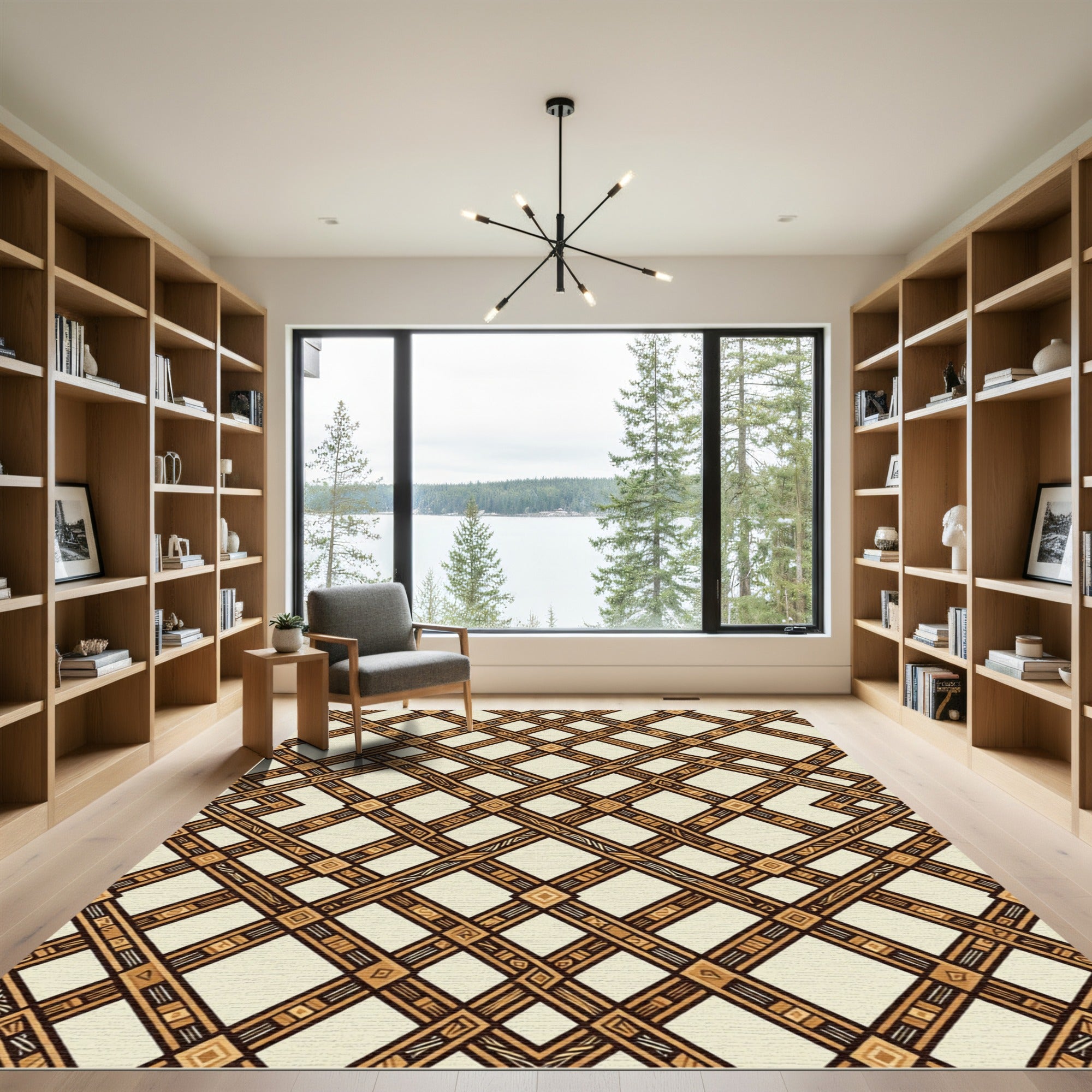 Earthy Brown Geometric Trellis Grid Rug