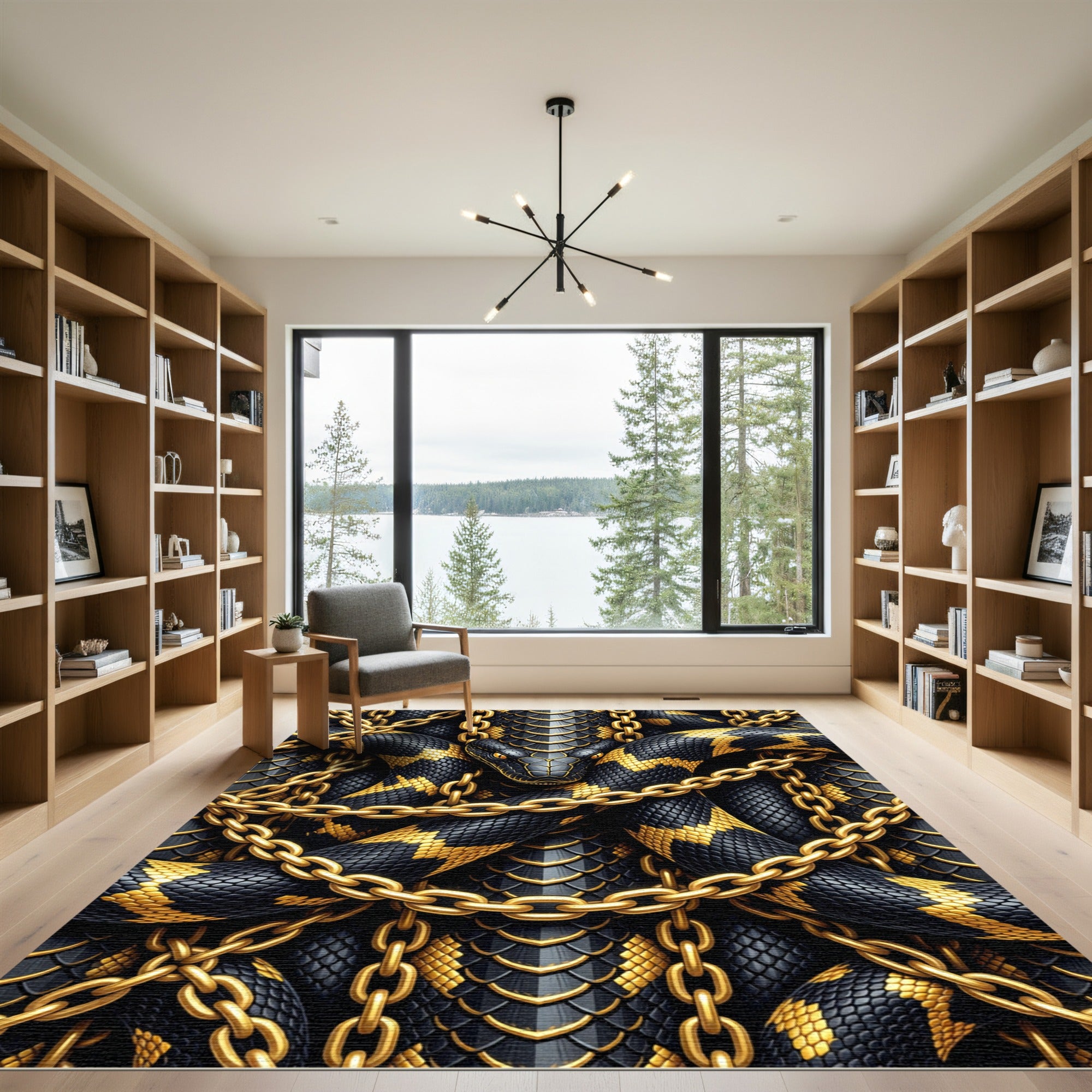 Golden Chain Entwined Black Serpent Rug