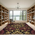Ornate Damask Gold and Burgundy Foliage Rug