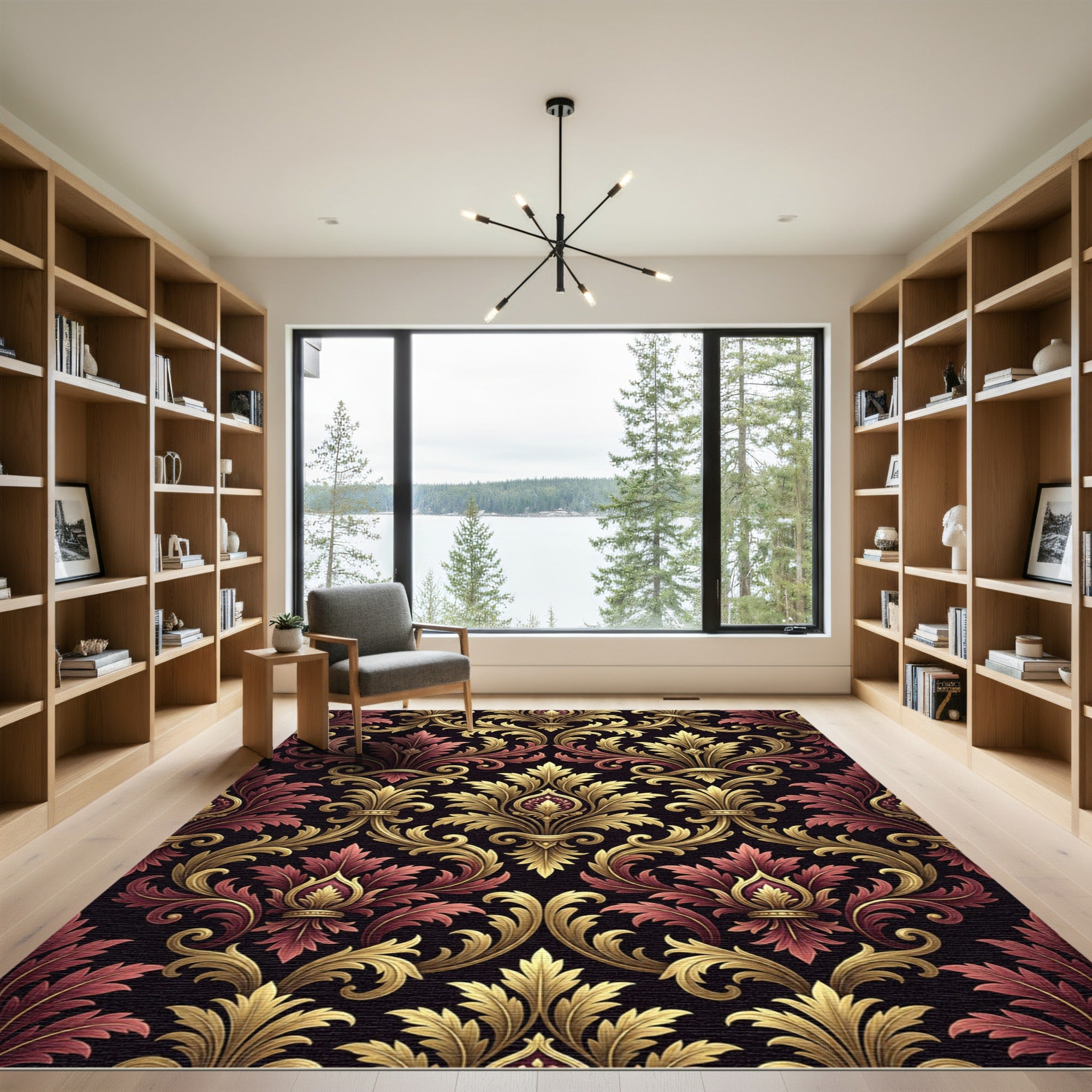 Ornate Damask Gold and Burgundy Foliage Rug