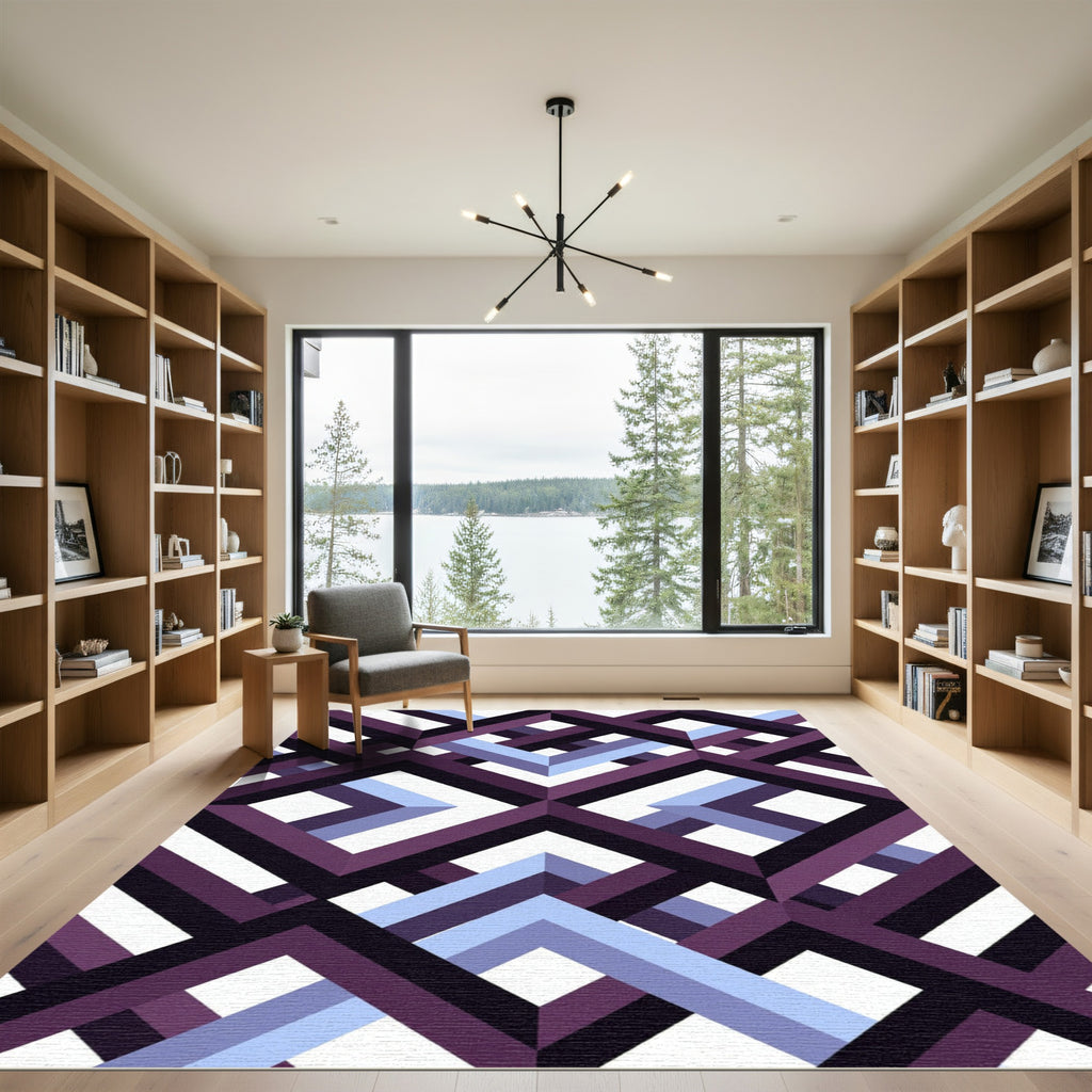 Geometric Violet and Blue Interlocking Squares Rug