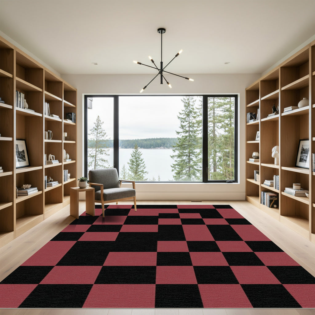 Crimson Black Checkerboard Grid Rug