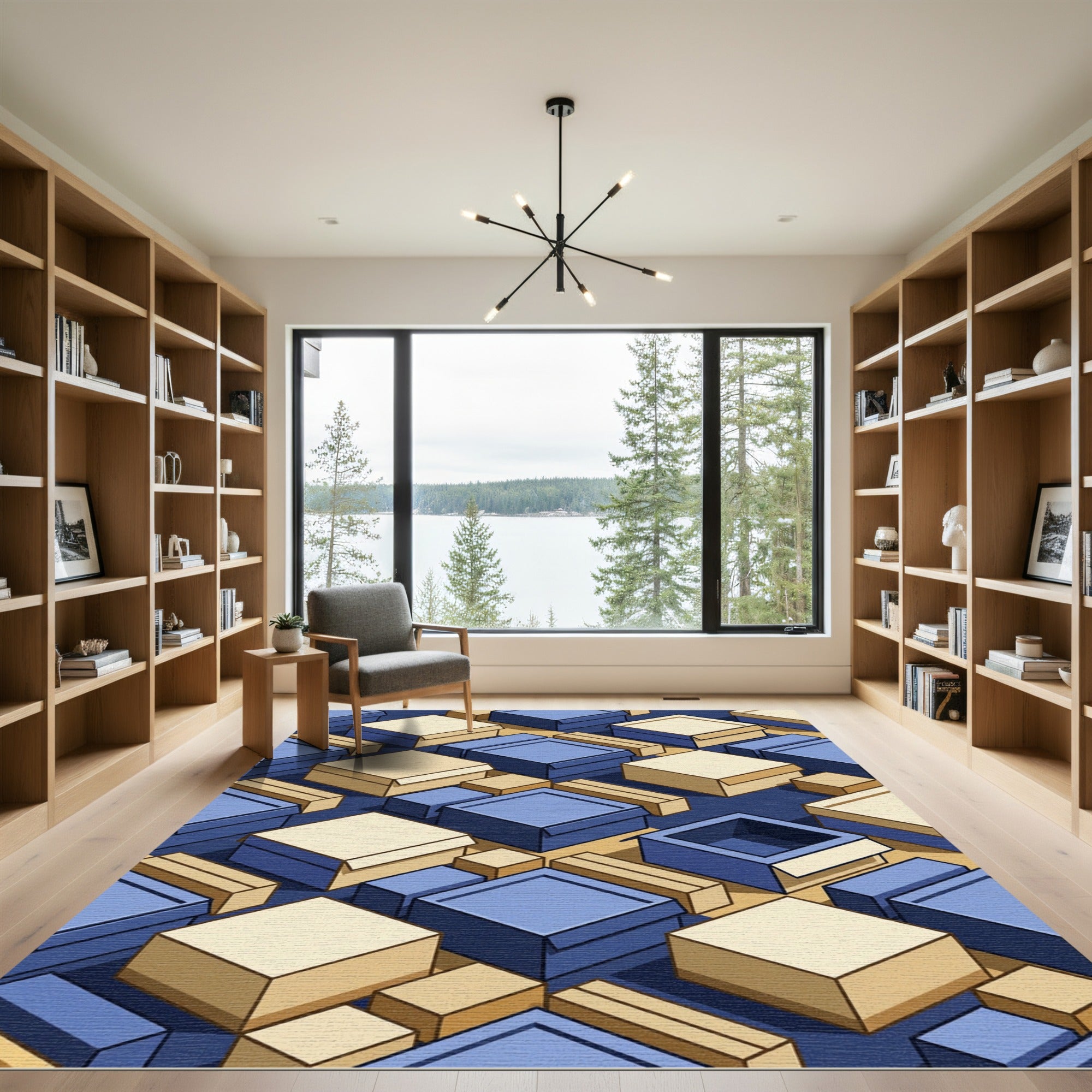 Blue Beige Isometric Boxes Rug