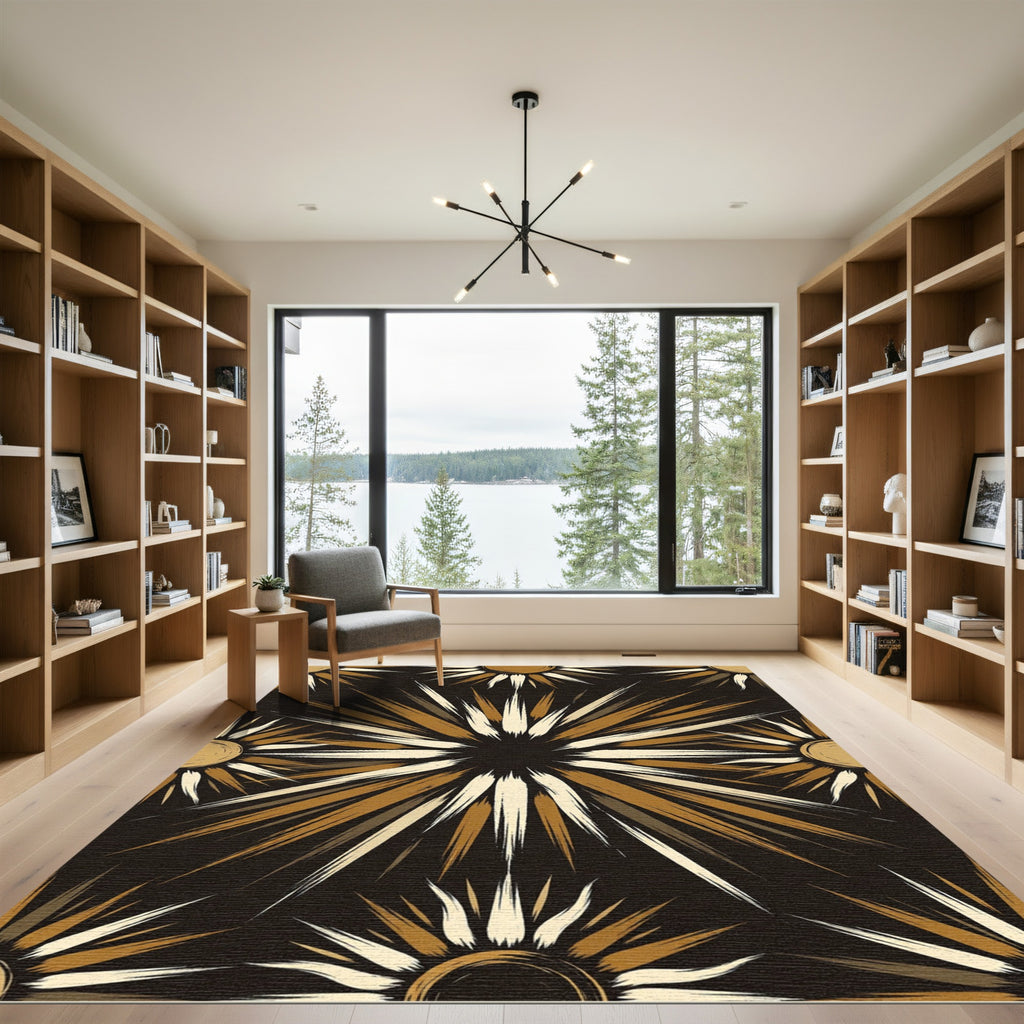 Golden Radiant Sunburst Pattern Rug