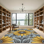 Golden Sunflower Gray Botanical Illustration Rug