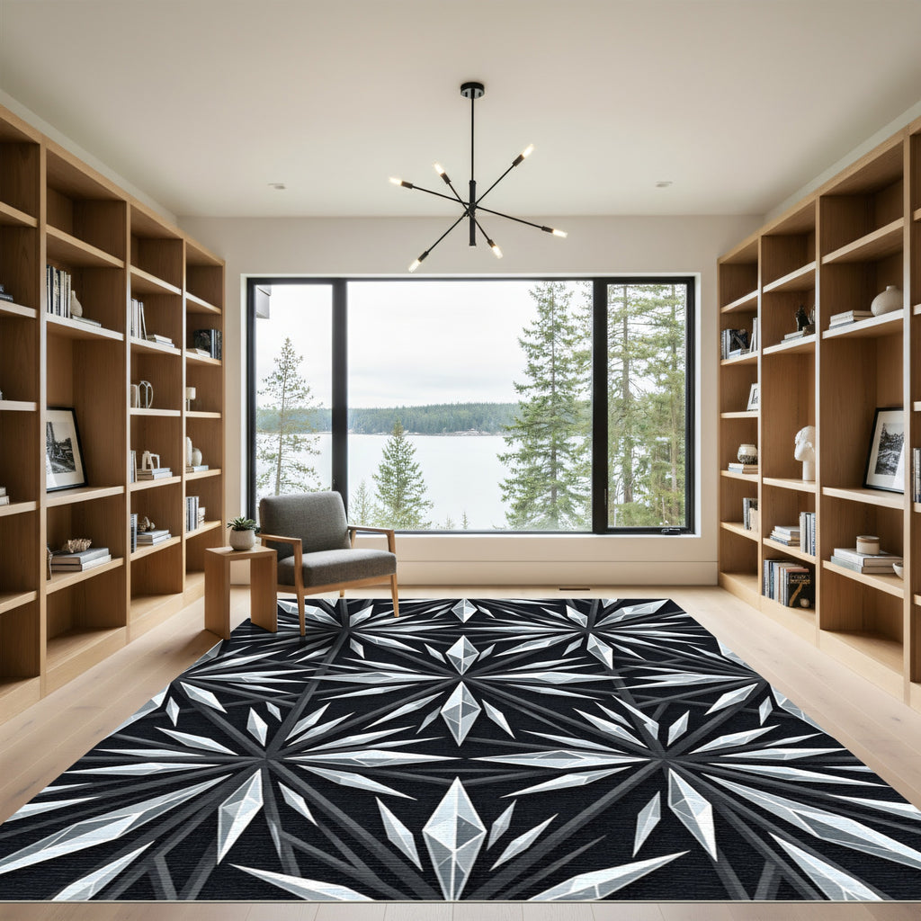Monochromatic Crystal Starburst Geometric Tile Rug