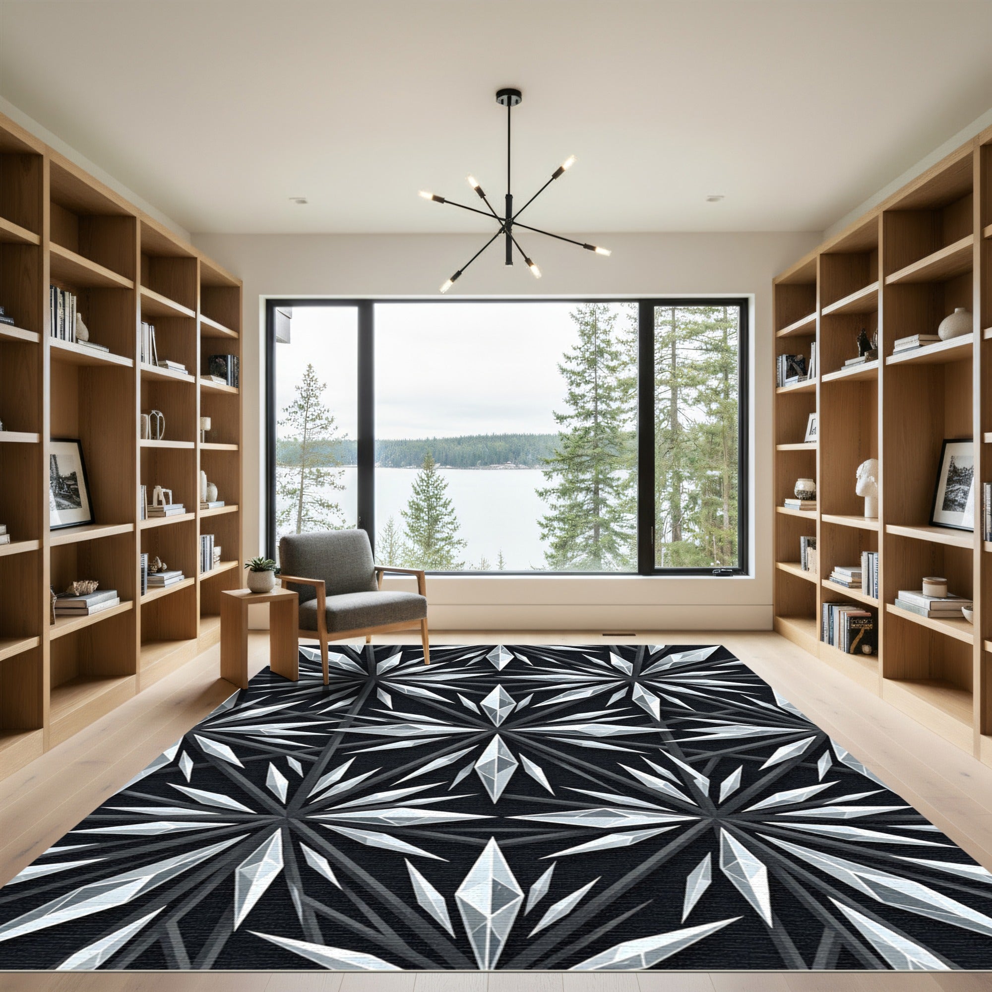 Monochromatic Crystal Starburst Geometric Tile Rug