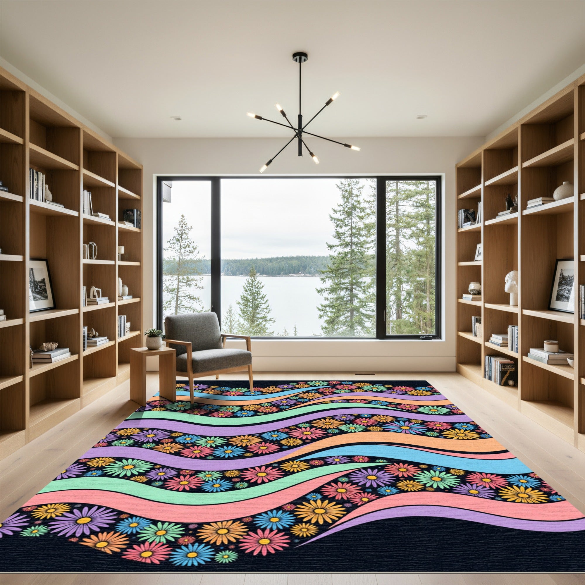 Retro Rainbow Wavy Daisy Floral Meadow Rug