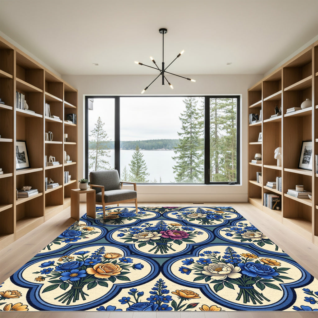 Blue Floral Tile Bouquet Botanical Trellis Rug