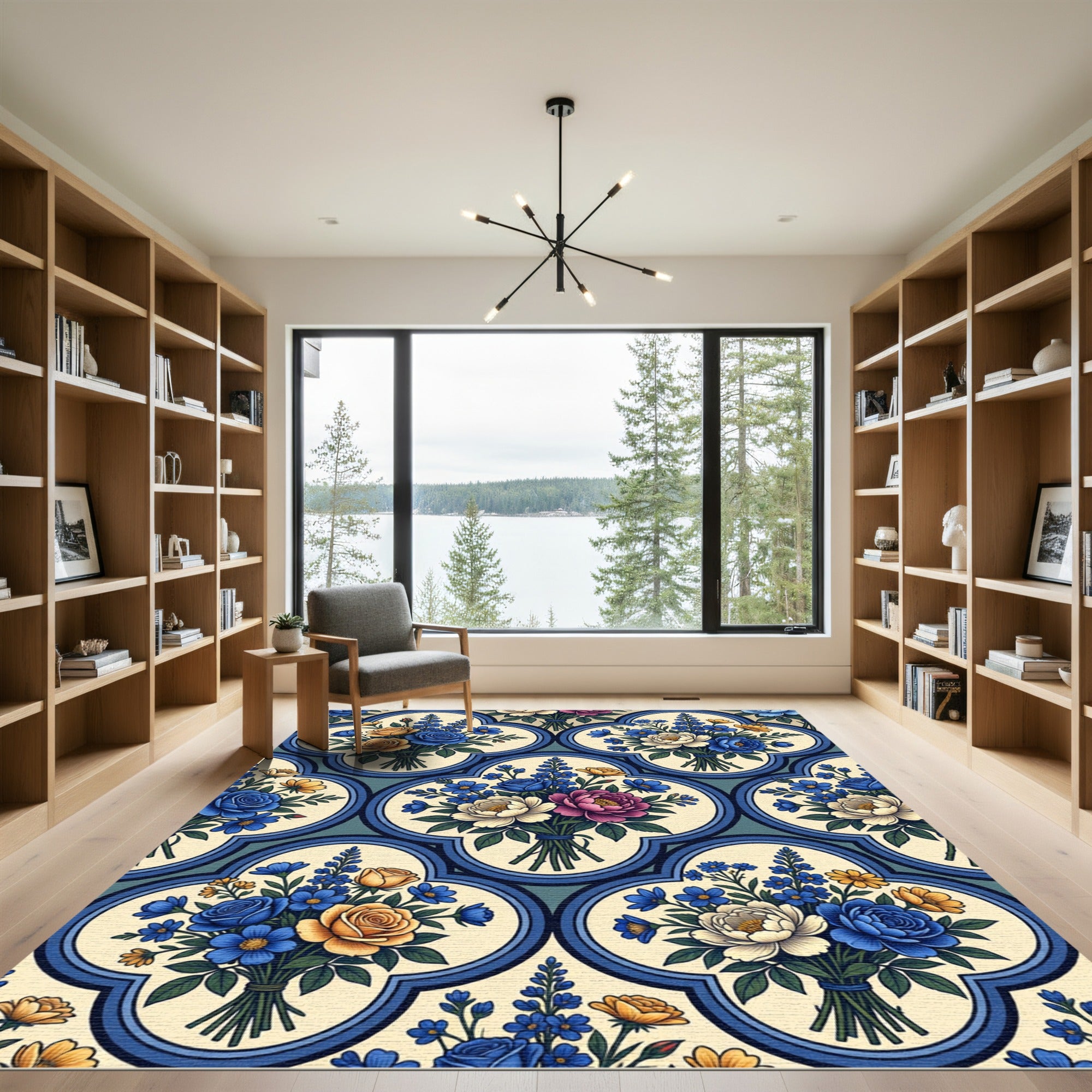 Blue Floral Tile Bouquet Botanical Trellis Rug