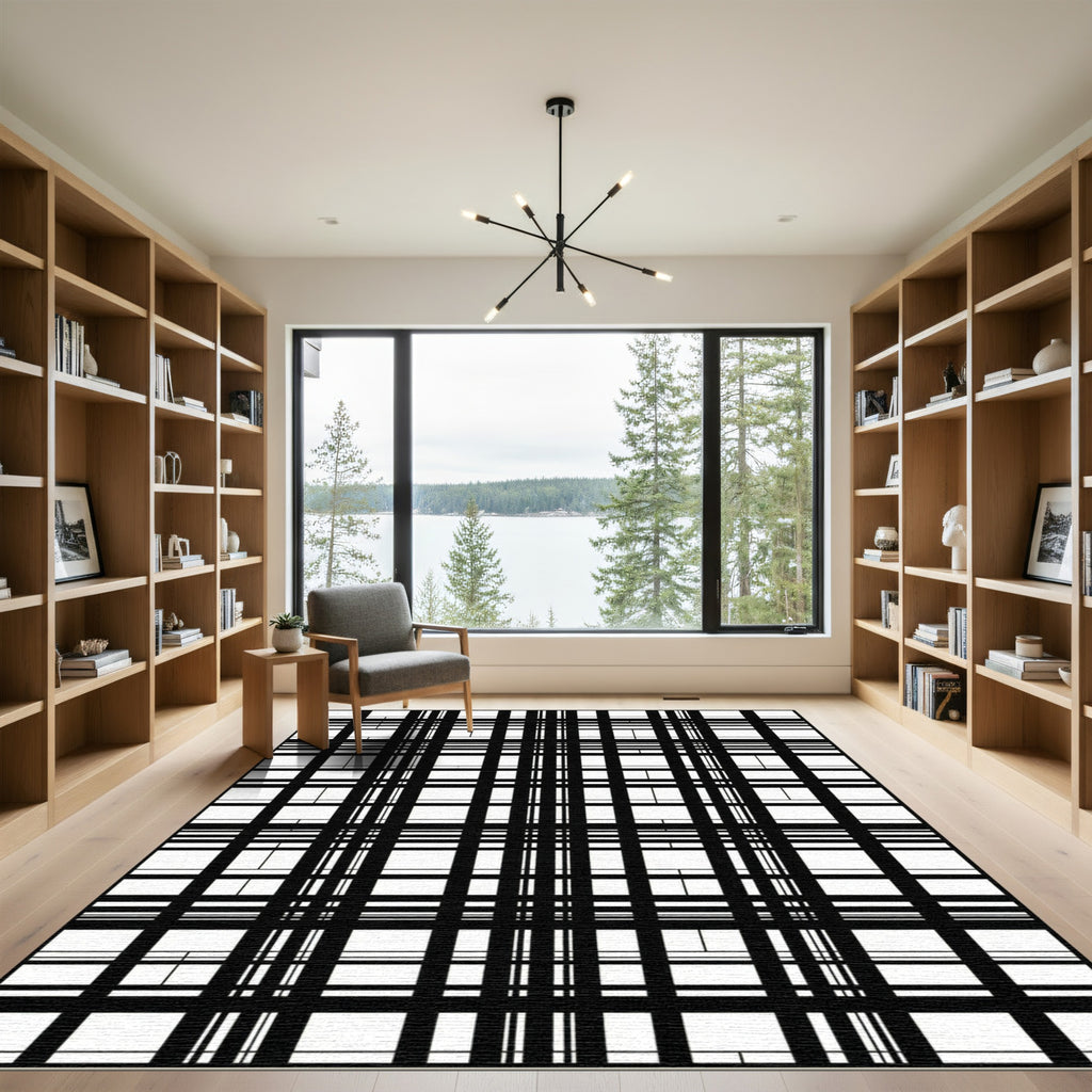Bold Black White Grid Checkered Rug