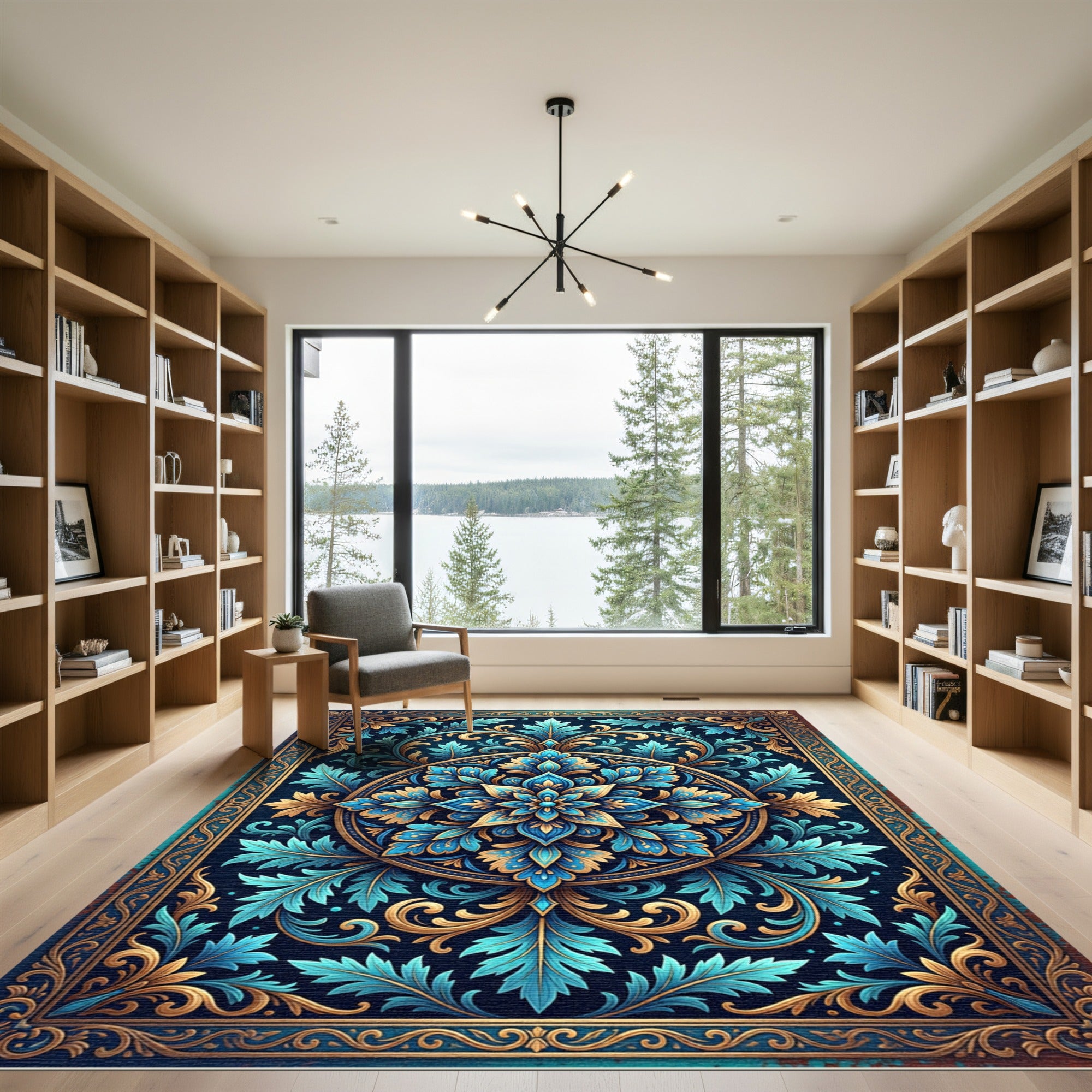 Luxurious Teal and Gold Floral Medallion Rug
