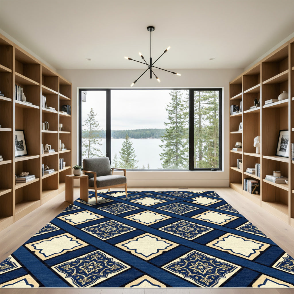 Deep Navy Gold Medallion Lattice Rug