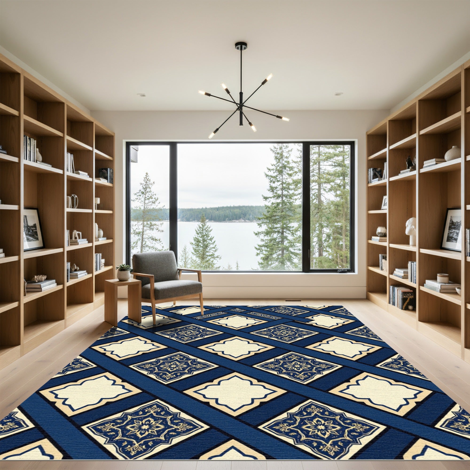 Deep Navy Gold Medallion Lattice Rug