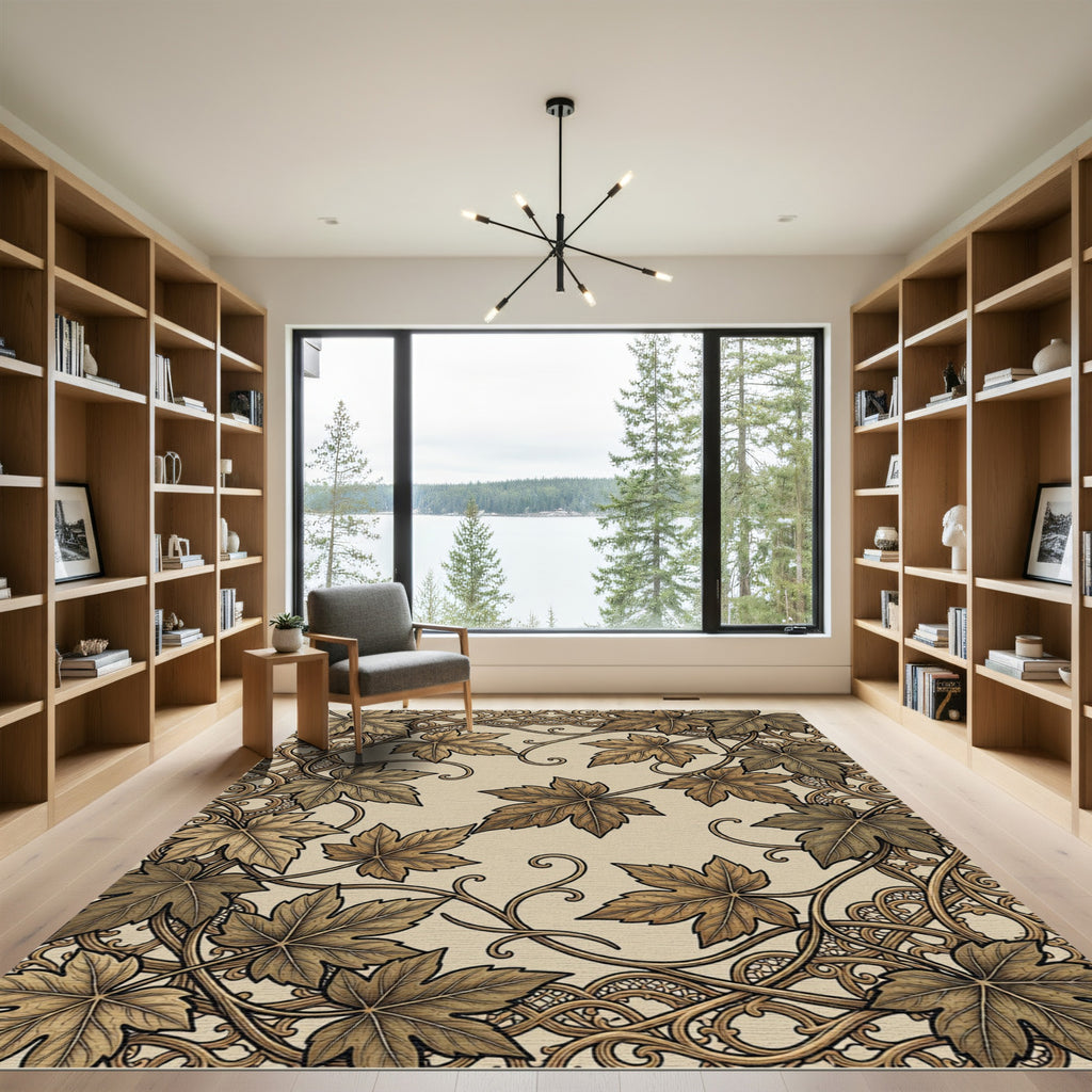 Elegant Sepia Maple Leaf Scroll Work Rug