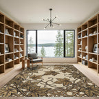 Elegant Sepia Maple Leaf Scroll Work Rug