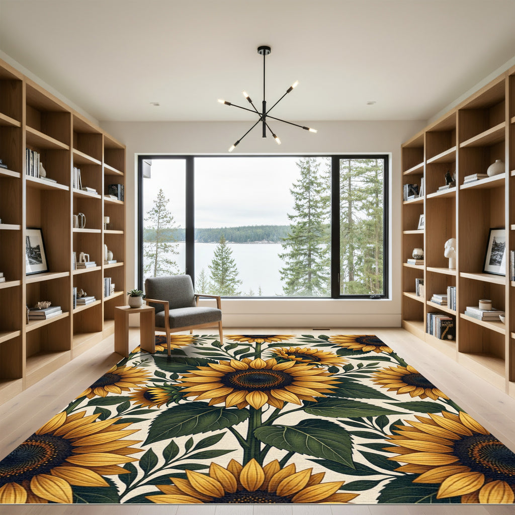 Golden Sunflower Floral Botanical Illustration Rug