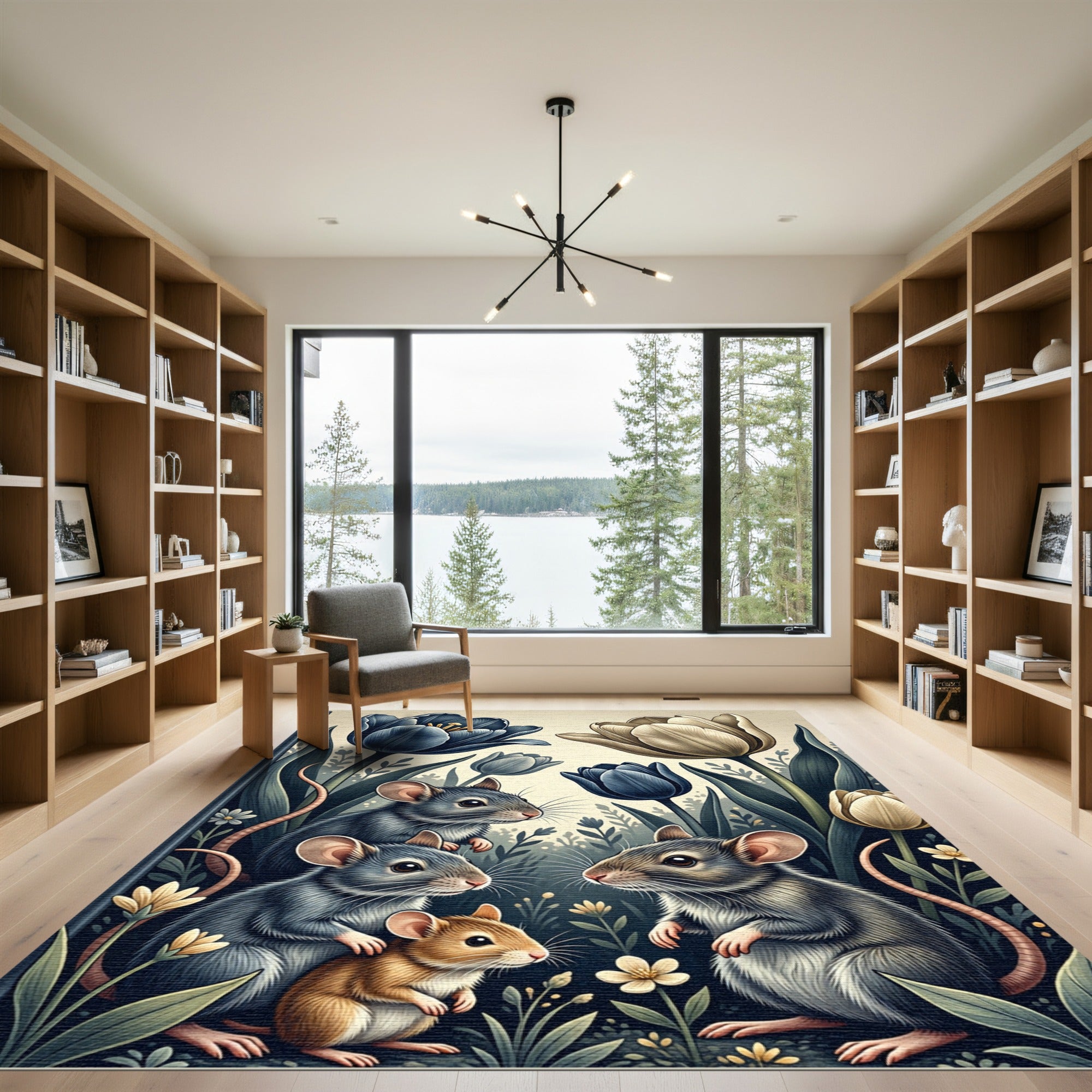 Whimsical Blue Tulip Mouse Garden Rug