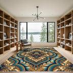 Ornate Teal Gold Damask Flourish Rug