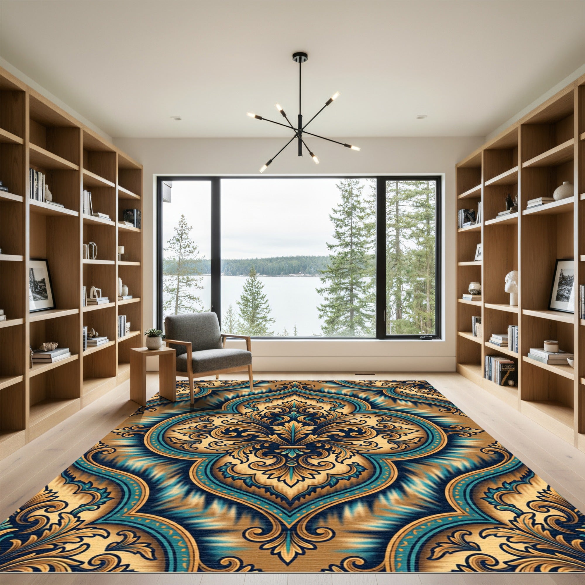 Ornate Teal Gold Damask Flourish Rug